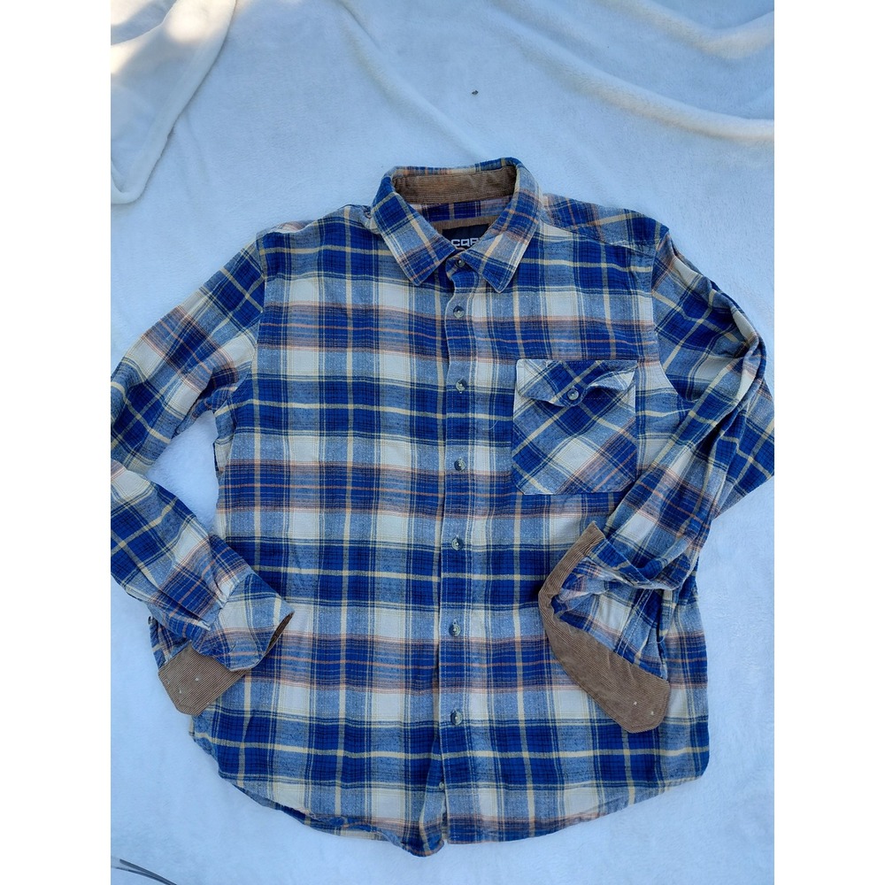 CQR Mens Flannel Shirt Large Blue Tan Plaid Cotton Corduroy Trim Button Down